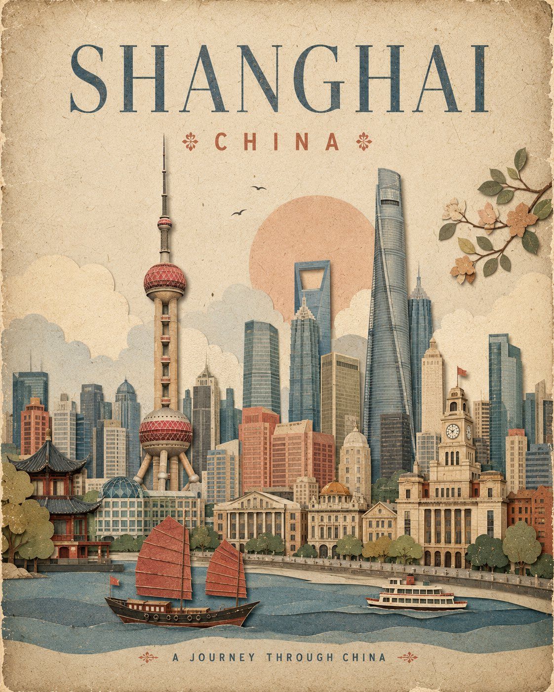 Vintage paper collage travel poster of Shanghai with the Bund, Oriental Pearl Tower, skyscrapers, and a red-sailed junk