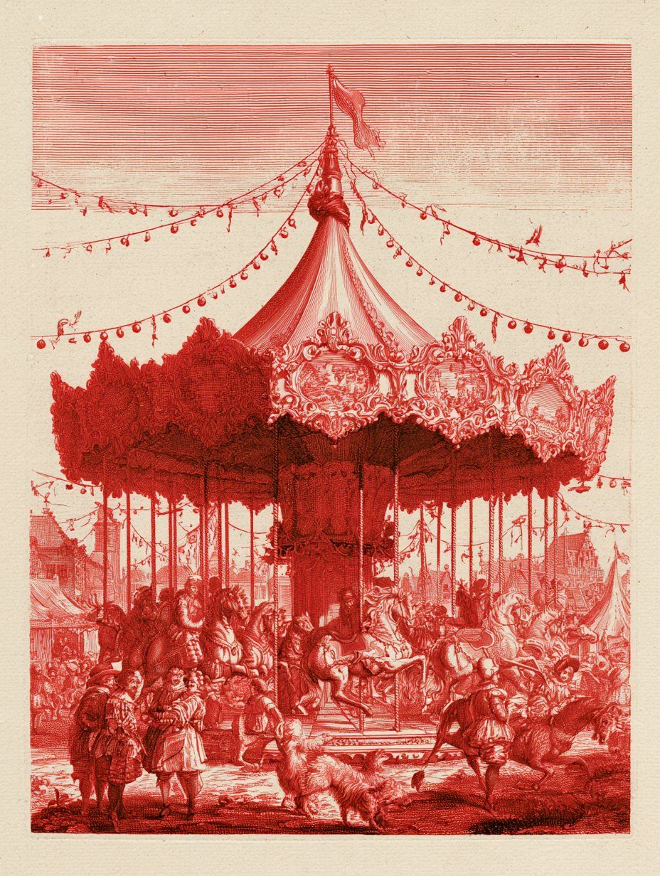 Vermilion burin engraving of an ornate carnival carousel under strings of lights