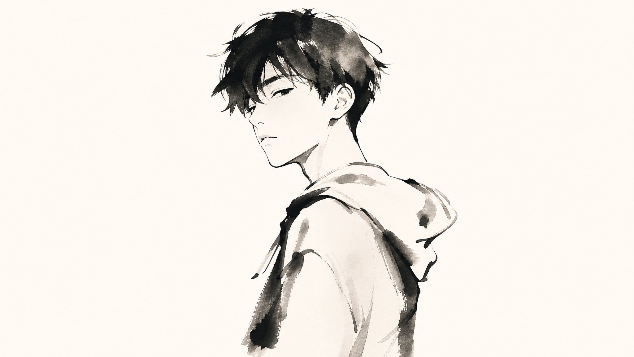 Black-haired boy in a hoodie looking over his shoulder, rendered with restrained ink brushwork