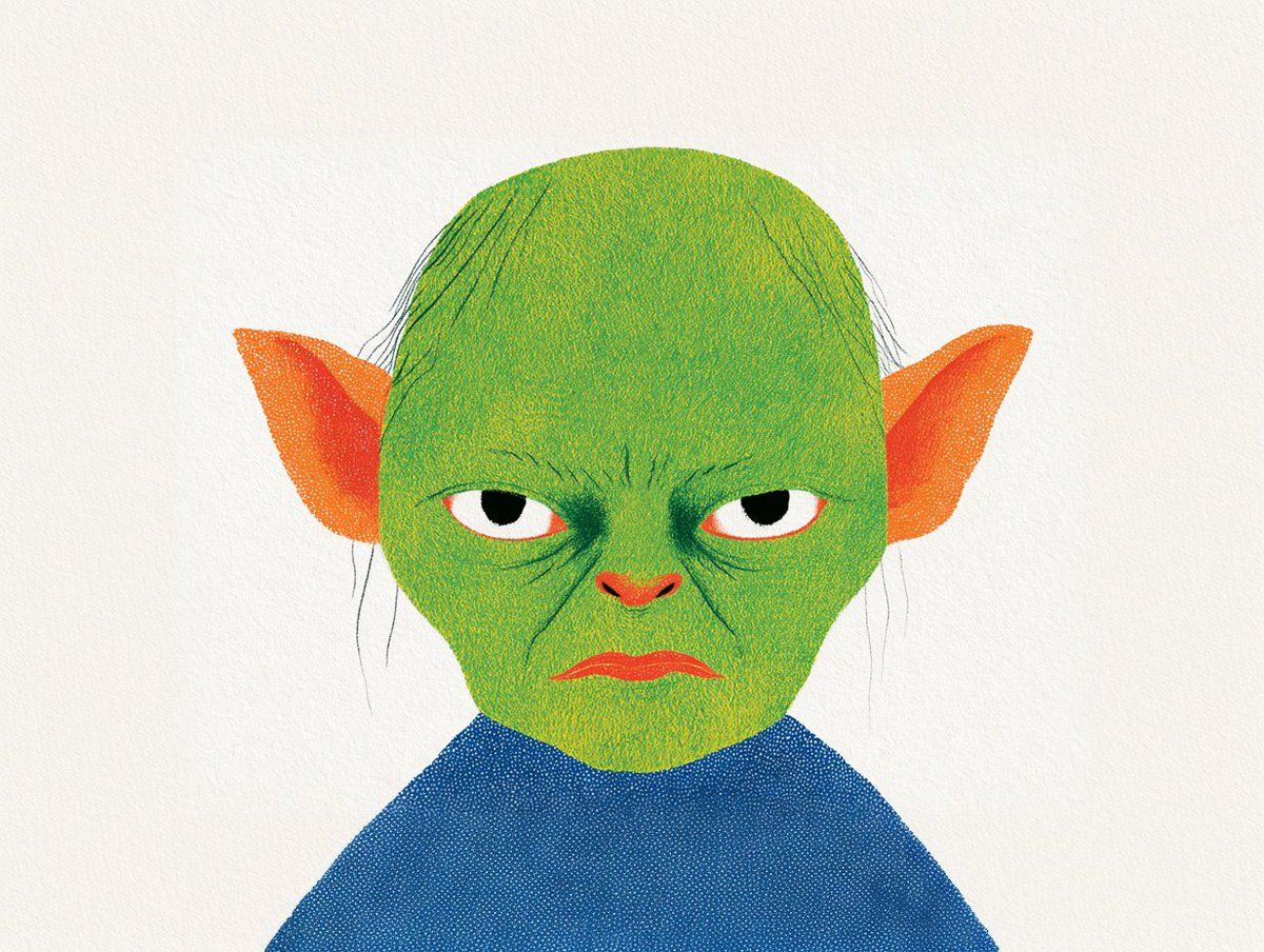 Colored-pencil portrait of a green goblin with orange ears and a blue garment
