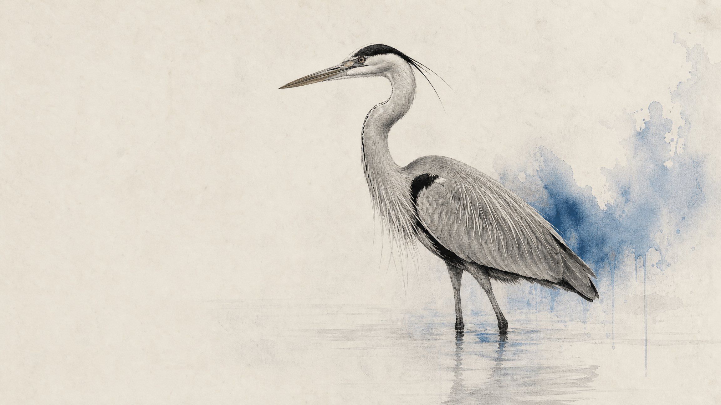 Fine-art graphite illustration of a heron with a muted blue watercolor accent