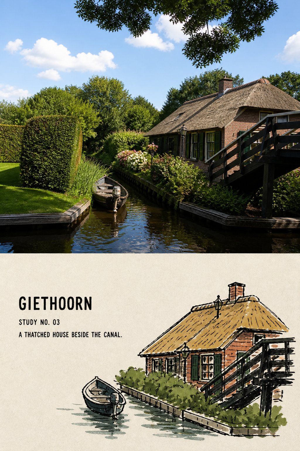 Travel poster pairing a Giethoorn canal house photograph with a folk ink-line colored landmark miniature