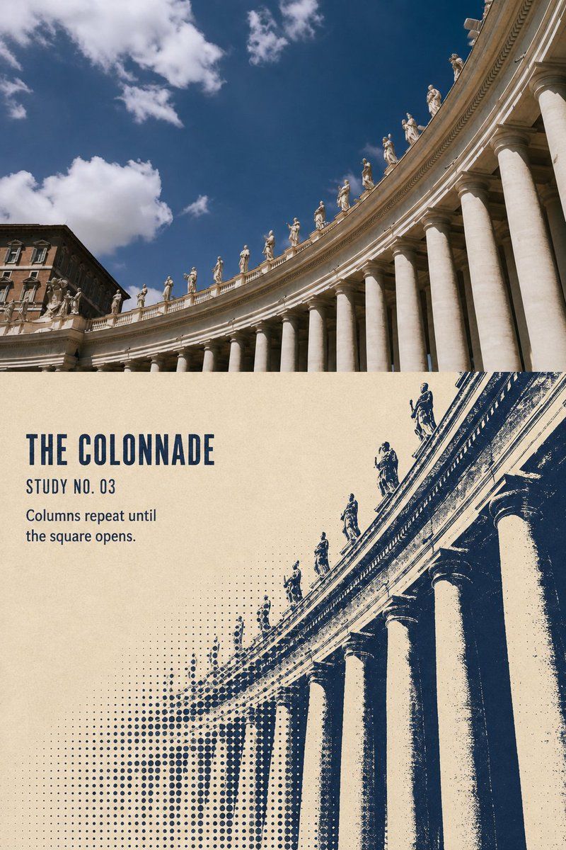 Curving colonnade under a blue sky paired with a bold navy screen-printed architectural study