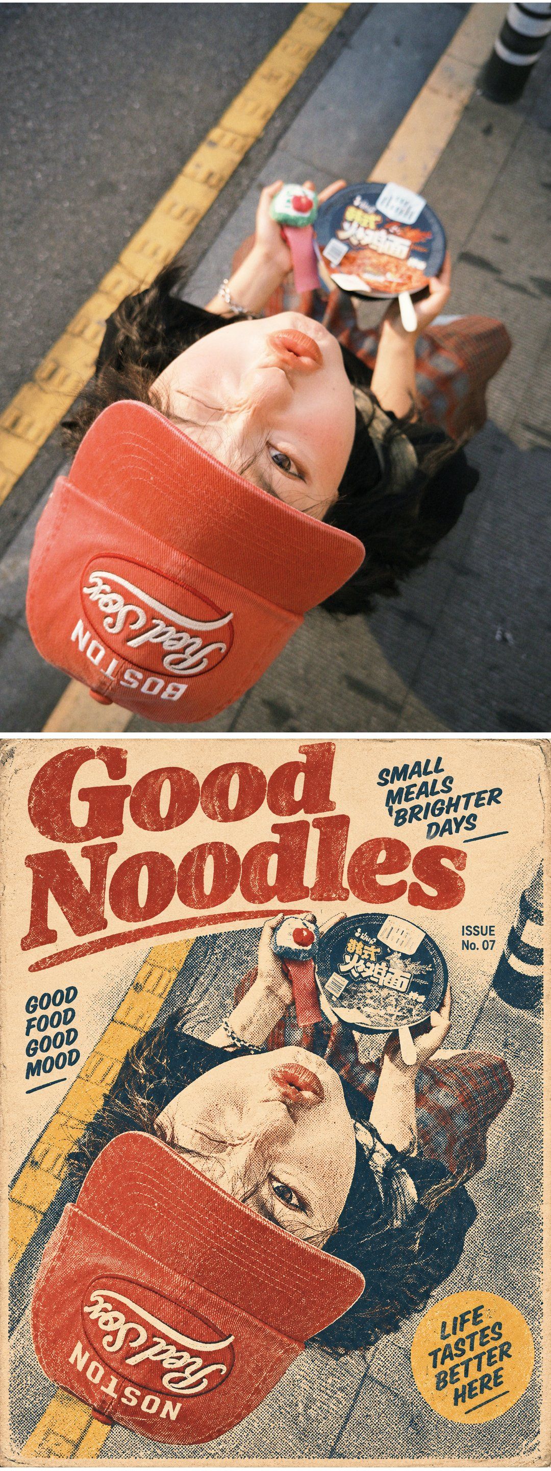 Overhead portrait with a red cap and noodles above a distressed Good Noodles magazine cover