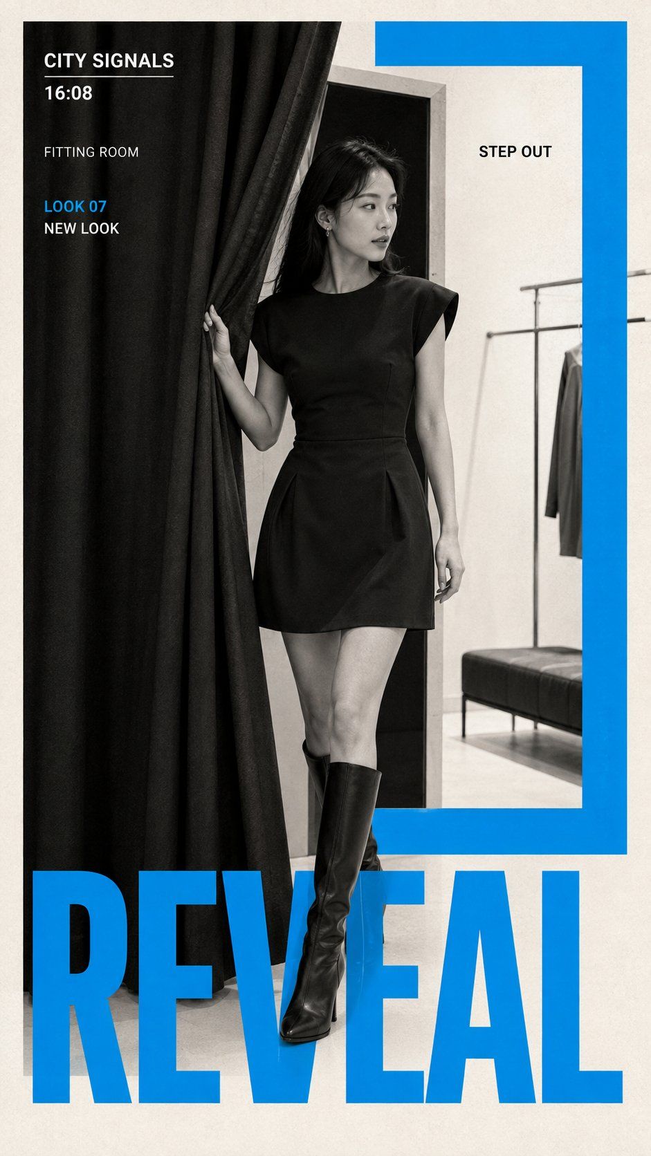 Monochrome fashion documentary poster of a woman stepping through a fitting-room curtain with a vivid blue frame and REVEAL headline