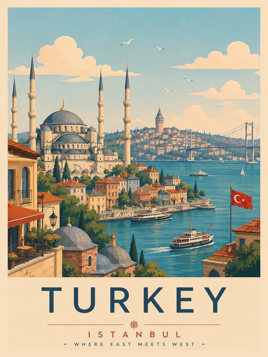 Pastel vintage Turkey travel poster with Istanbul mosques, Bosphorus bridge, ferries, and waterfront homes