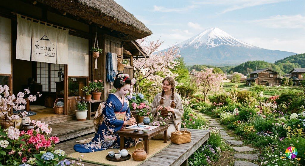 Geisha and visitor sharing tea in a cottage garden with Mount Fuji in the distance