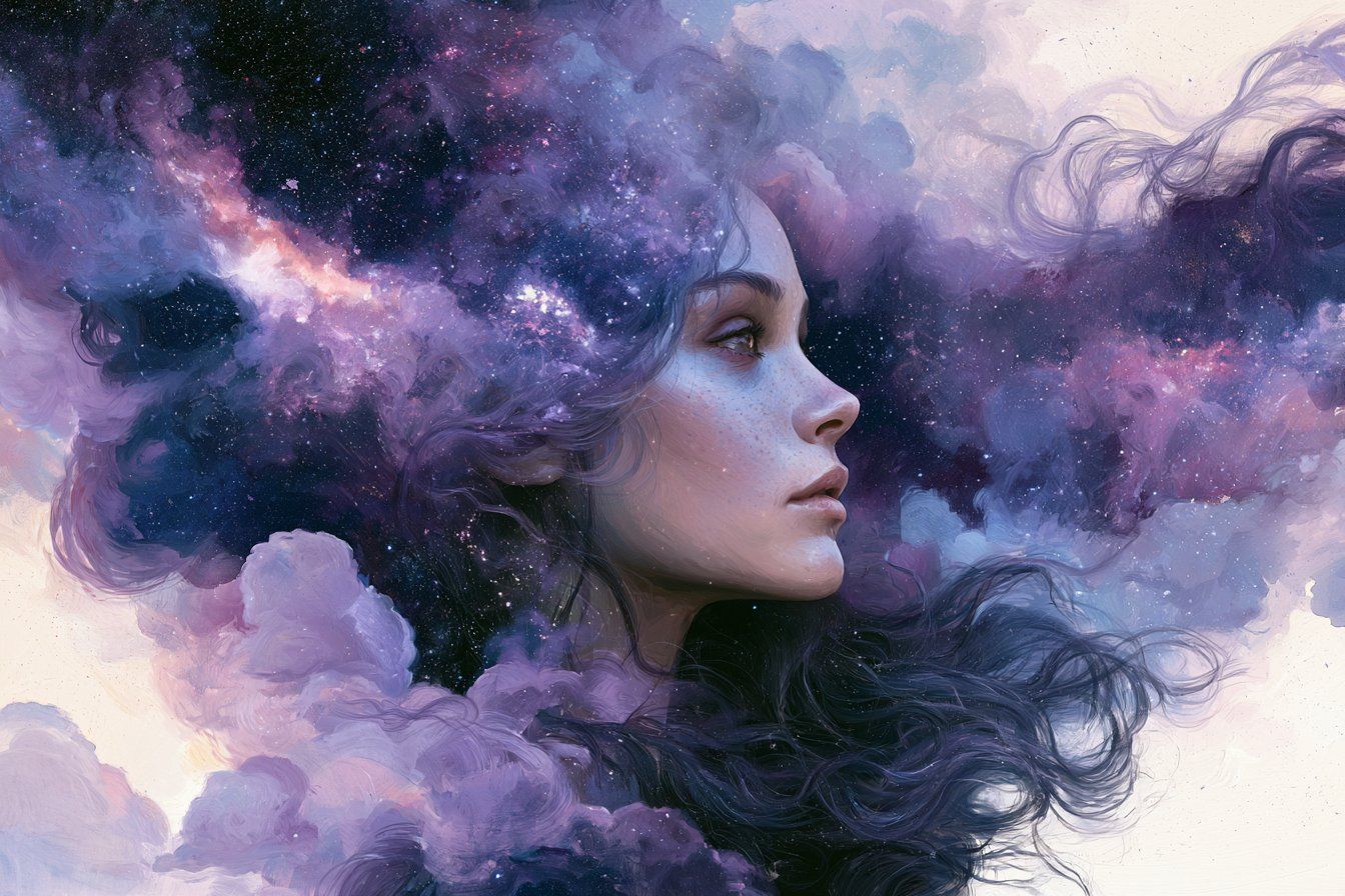 Profile portrait of a woman whose flowing hair becomes violet galaxies and clouds