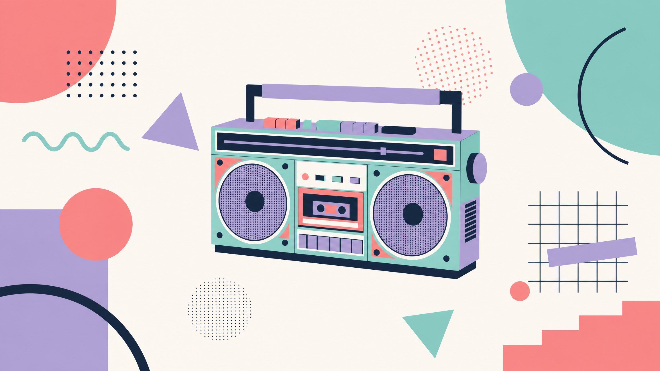 Memphis-style vector illustration of a retro boombox surrounded by pastel geometric shapes and grid patterns