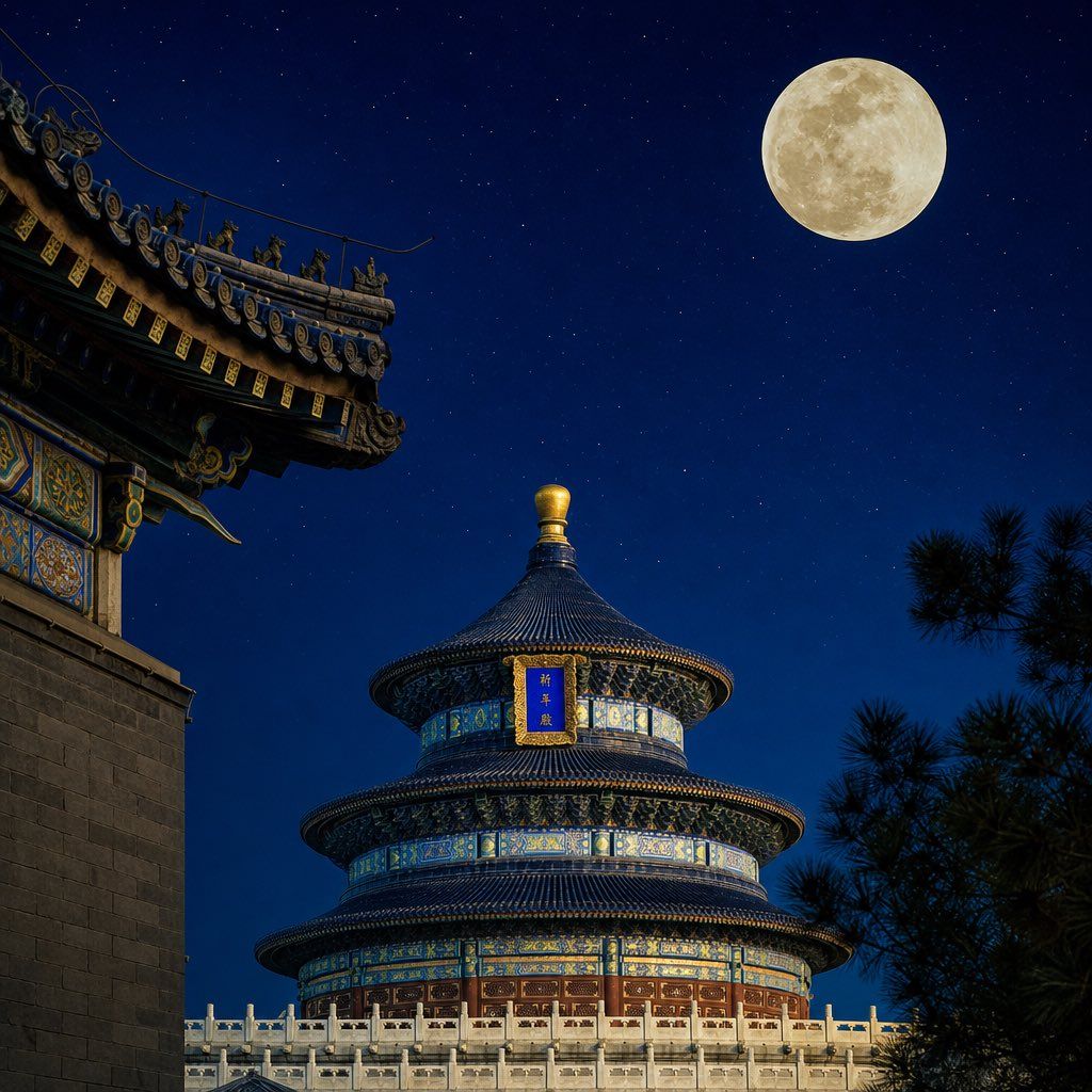 Temple of Heaven Prayer Hall under a bright full moon, framed by ornate roof eaves and pine branches at night