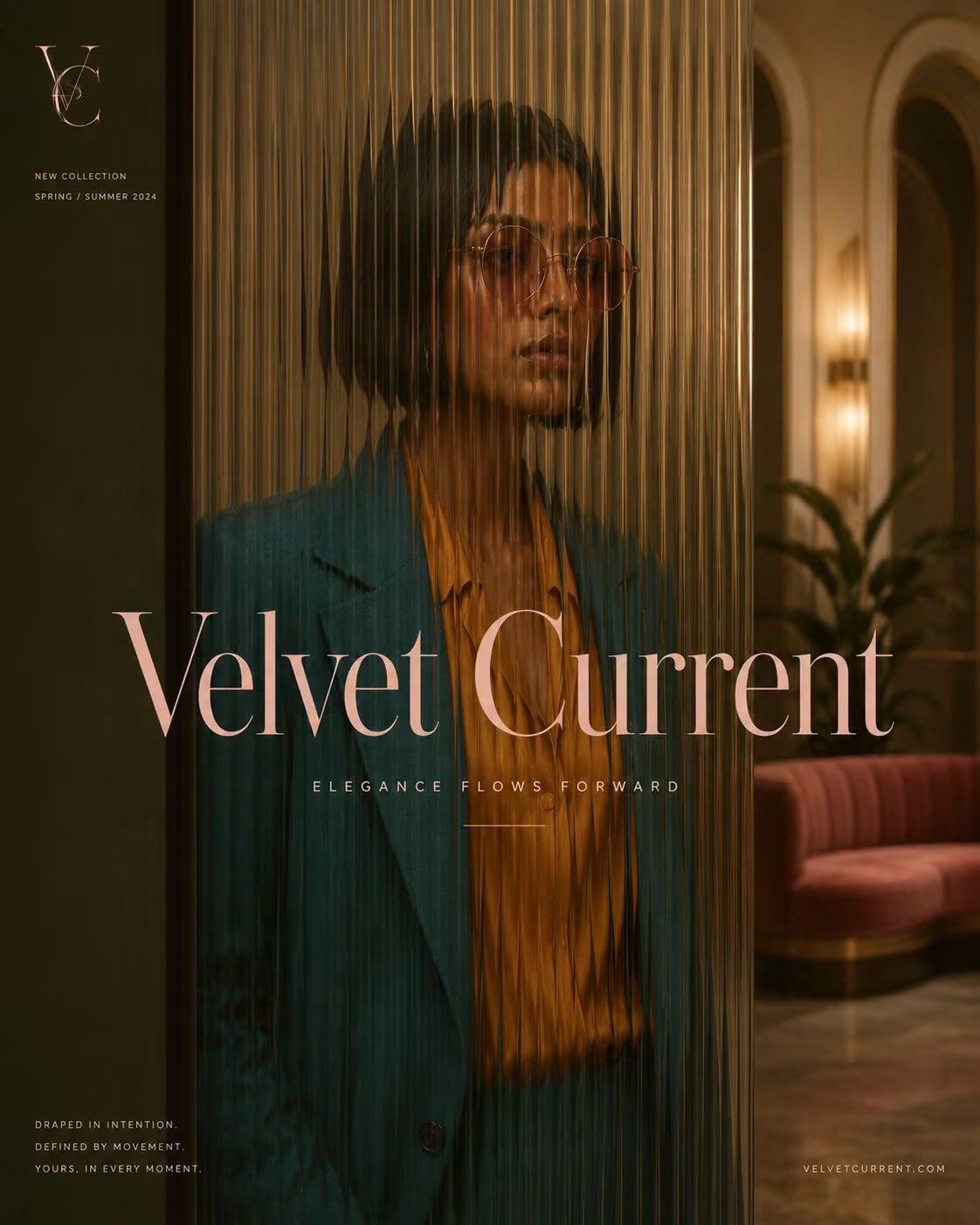 Warm luxury fashion advertisement with a woman in a teal suit behind corrugated glass
