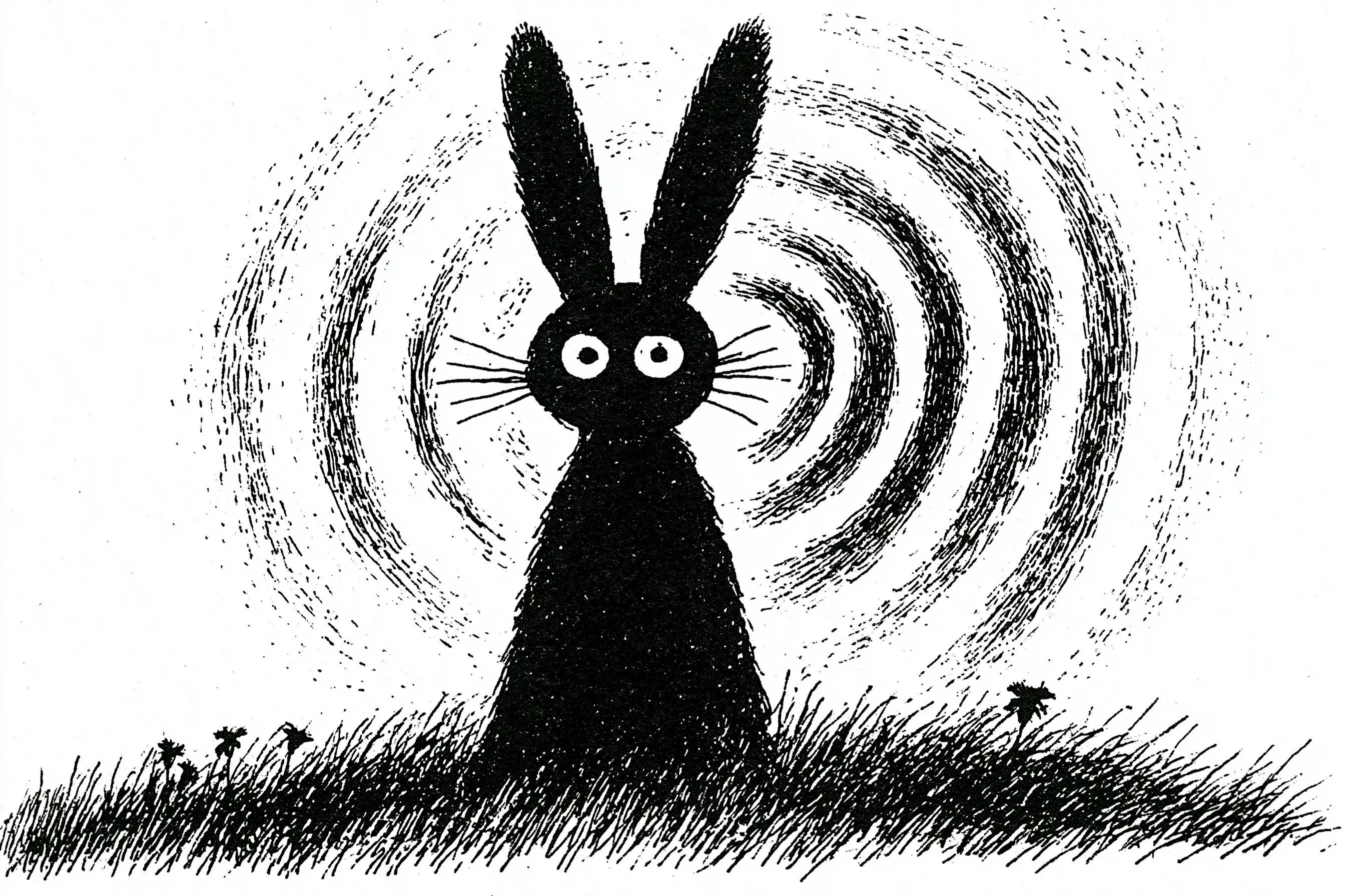 Naive black ink rabbit with wide eyes framed by rough concentric brush rings and scratchy grass