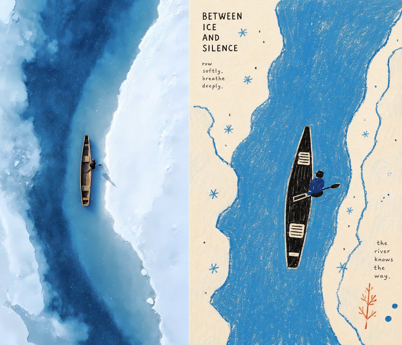 Aerial icy-river canoe photograph paired with a blue crayon folk illustration