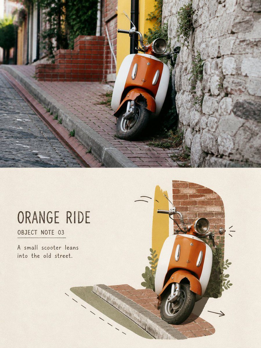 Split travel-object poster pairing an orange scooter photograph with a distilled street collage and directional doodles