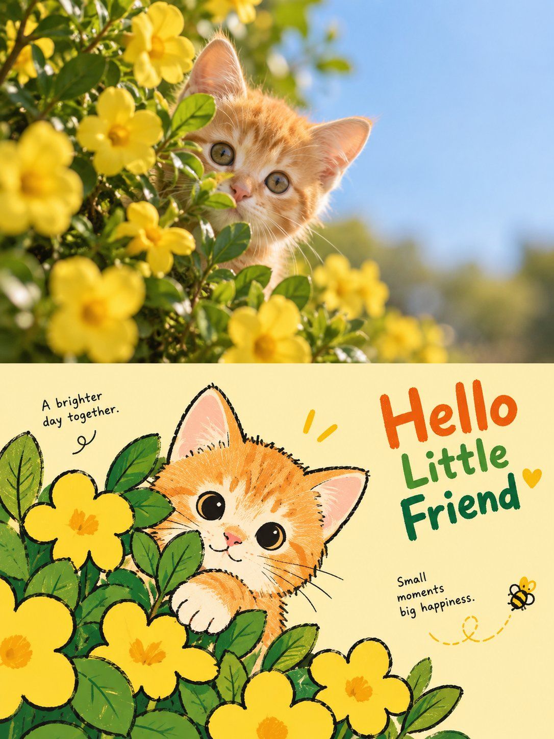 Orange kitten among yellow flowers, paired with a playful illustration titled Hello Little Friend
