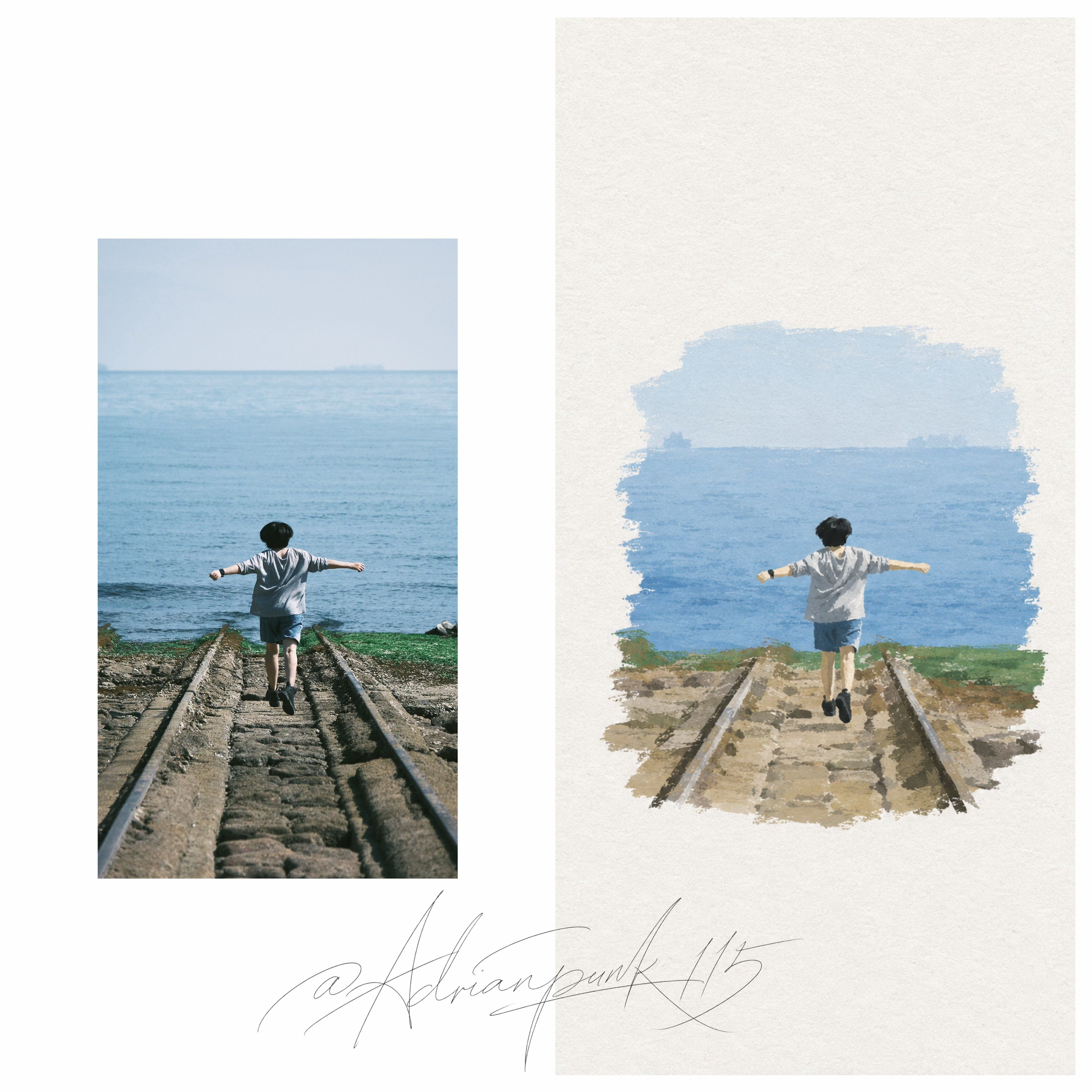Distant grassland landscape photograph paired with a simplified acrylic painting