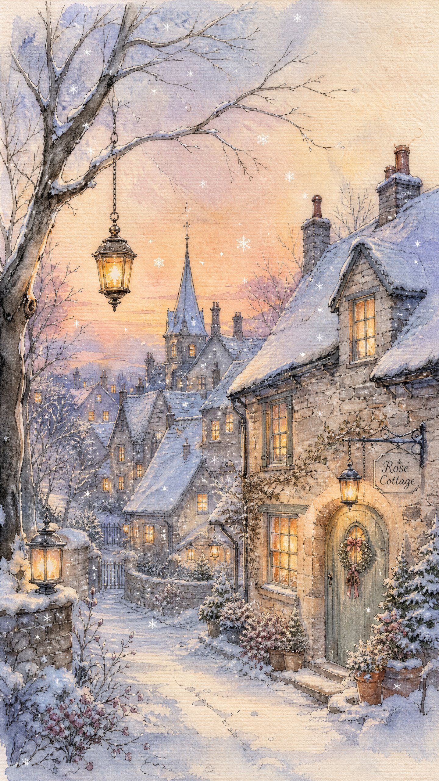 Snowy stone village glowing beneath a pastel sunset