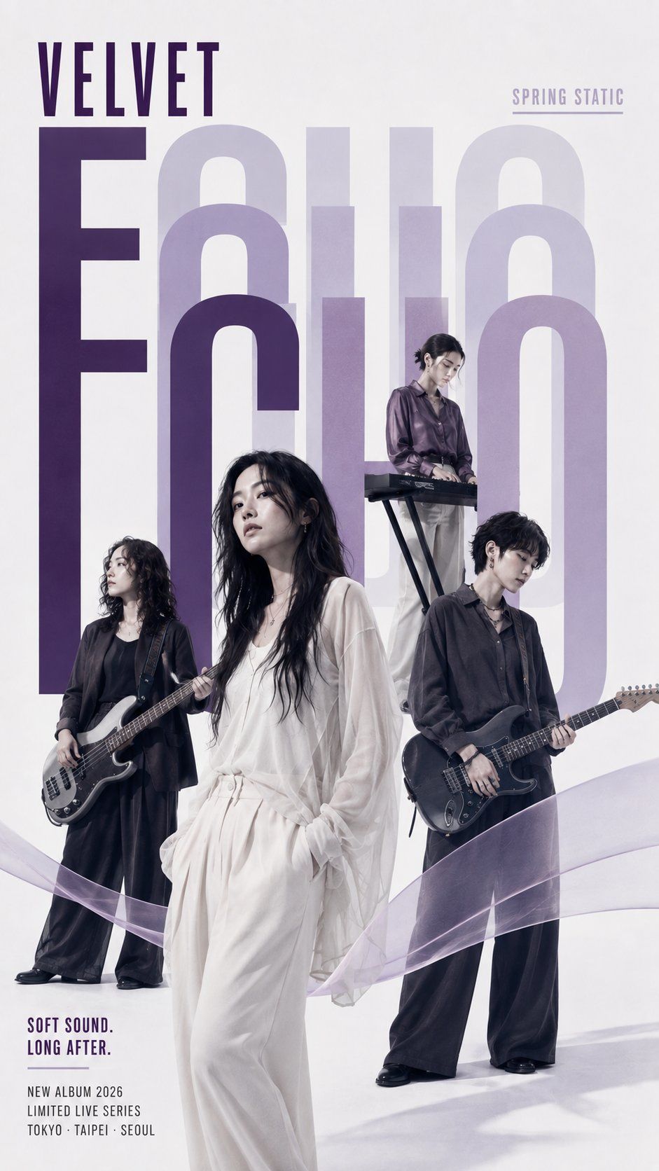 White and lavender band poster with four musicians framed by layered translucent VELVET ECHO typography