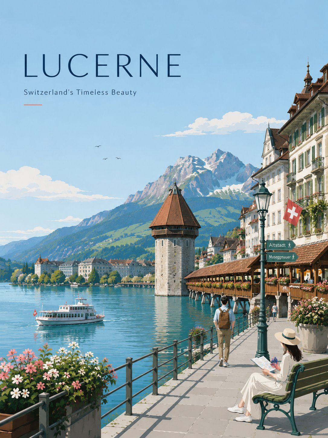 Minimalist Lucerne travel poster with the Chapel Bridge, Water Tower, lake ferry, Alpine scenery and waterfront pedestrians