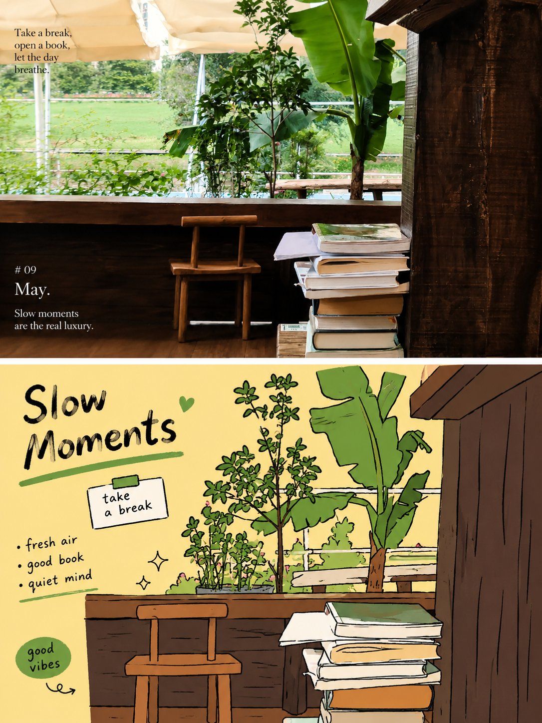 Outdoor reading nook photograph paired with a playful flat editorial illustration