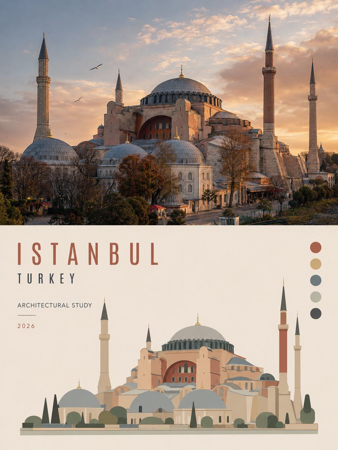 Istanbul Hagia Sophia photograph above a flat geometric illustration of the same landmark