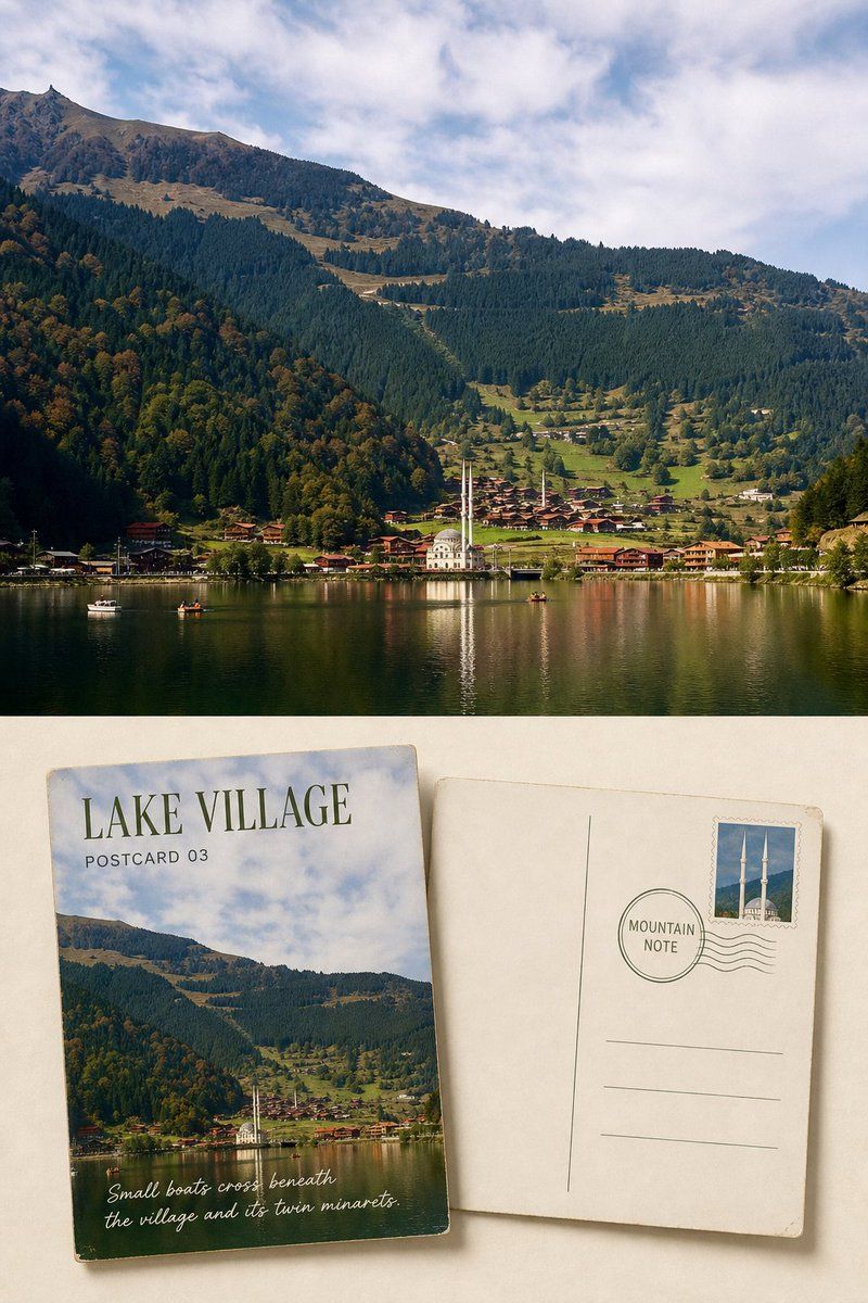 Lakeside mountain village with twin minarets above front-and-back postcards titled Lake Village