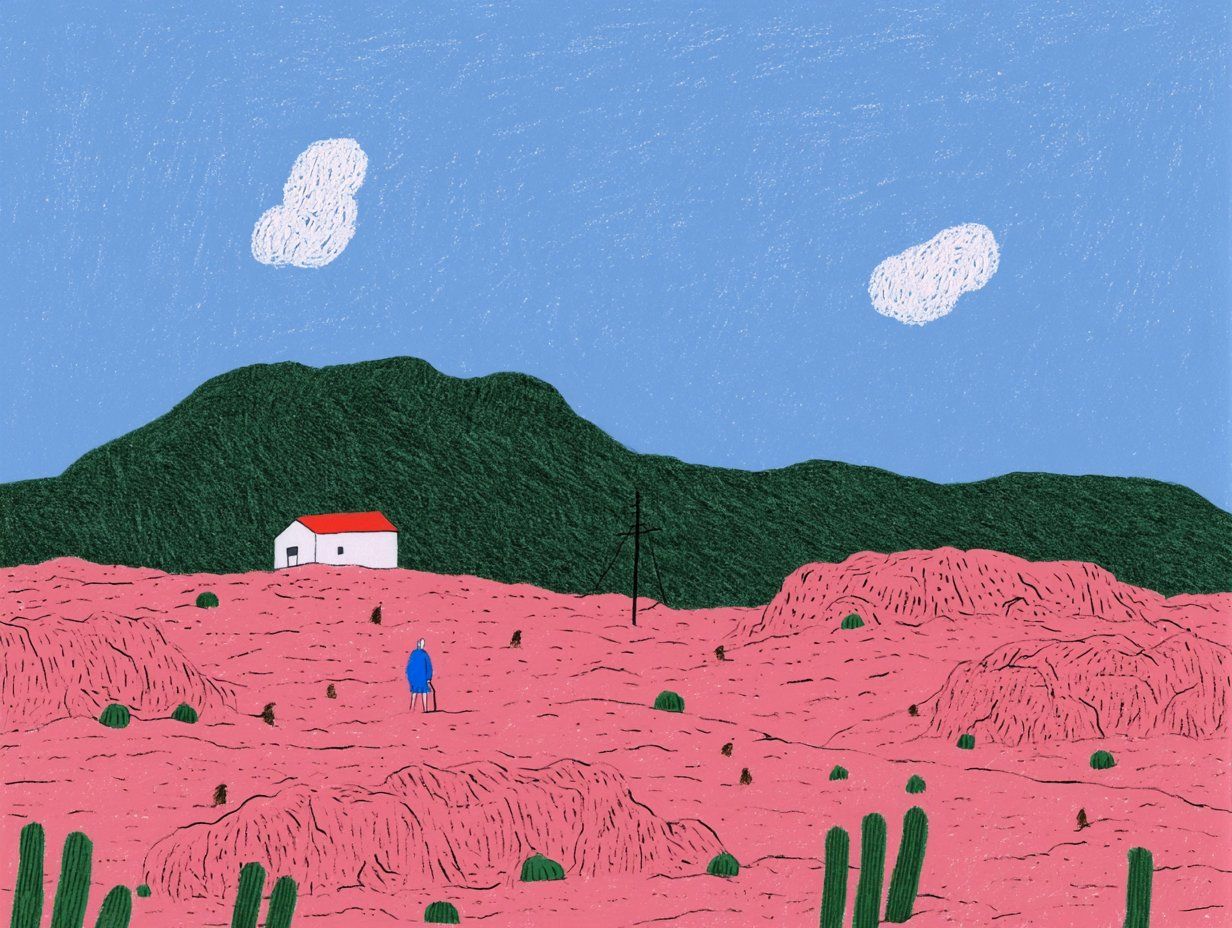 Naive crayon desert scene with a distant figure, white house, green hills, and pink ground
