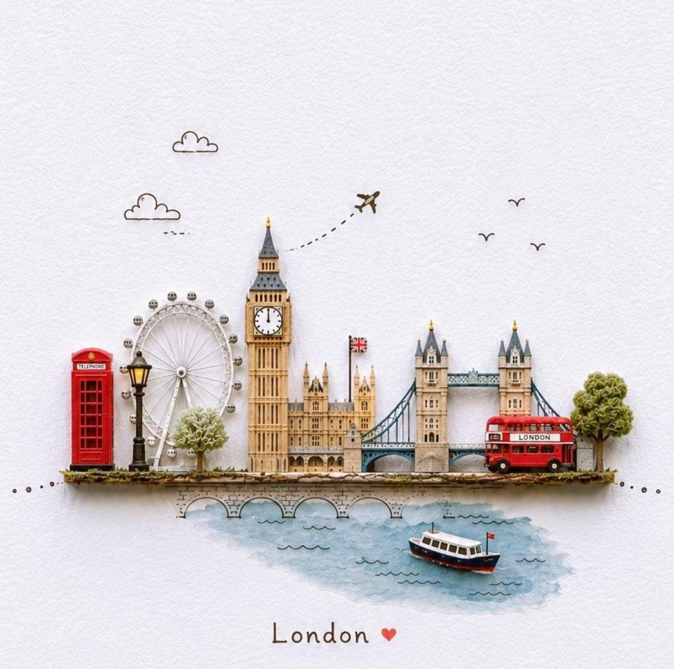 Handcrafted London city diorama with Big Ben, the London Eye, Tower Bridge, a red telephone box and a double-decker bus