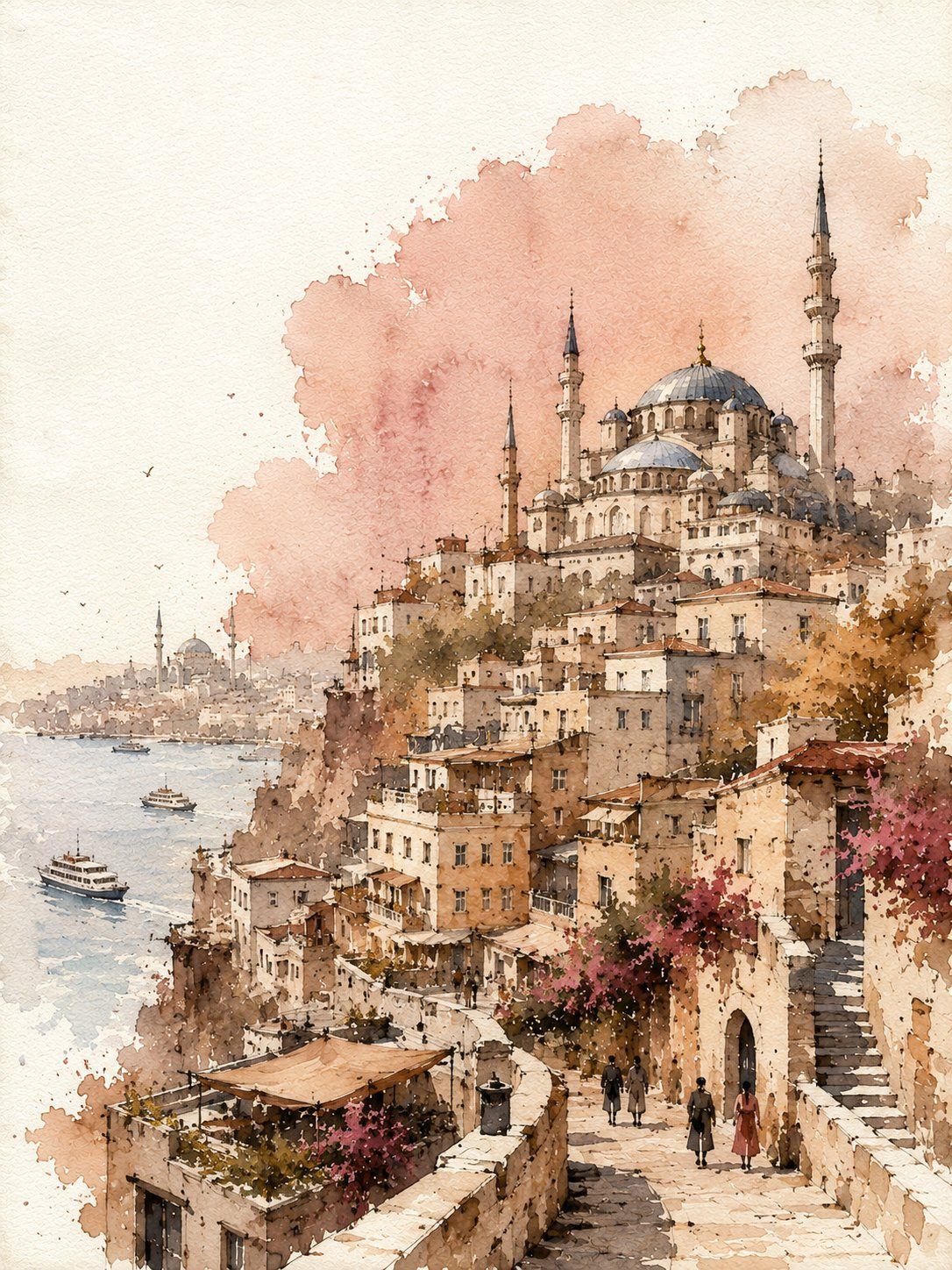 Watercolor and ink travel poster of Istanbul with a domed mosque, minarets, hillside buildings, ferries, and bougainvillea