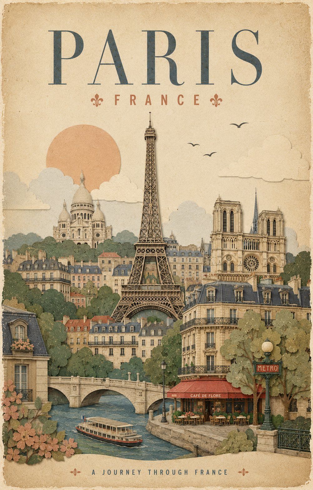 Vintage paper collage travel poster of Paris featuring the Eiffel Tower, Sacré-Cœur, Notre-Dame, and a Seine riverboat