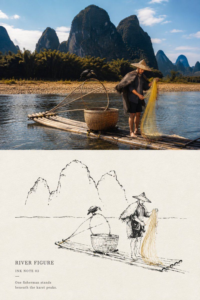 Fisherman on a bamboo raft beneath karst peaks paired with a minimal ink sketch and pale yellow net