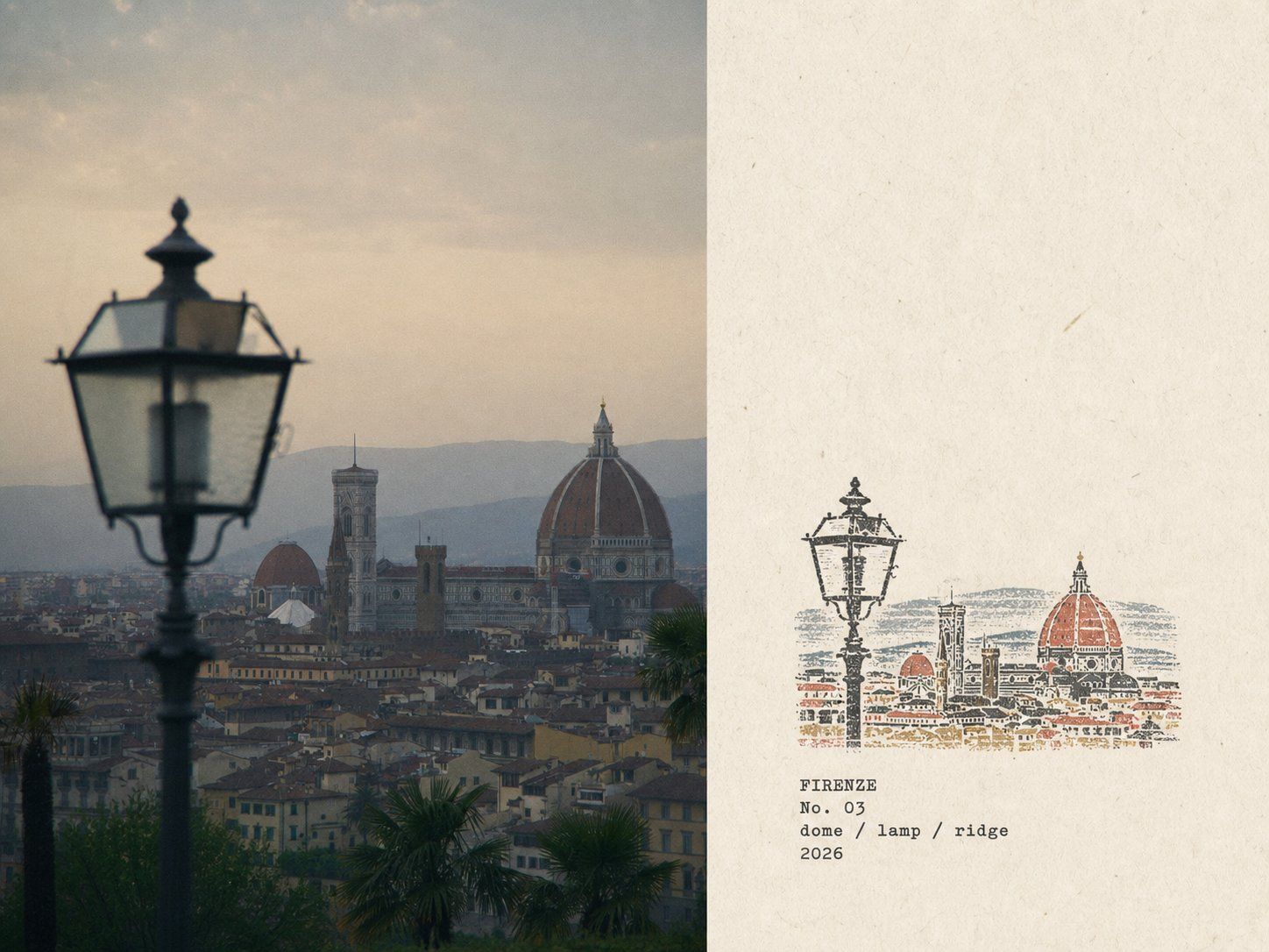 Florence travel field-notes poster pairing a city photograph framed by a streetlamp with a multicolor stamp of the cathedral skyline