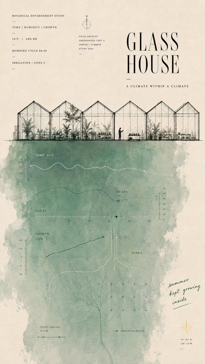 Minimalist GLASS HOUSE editorial poster with a narrow greenhouse landscape over a jade-green botanical data field
