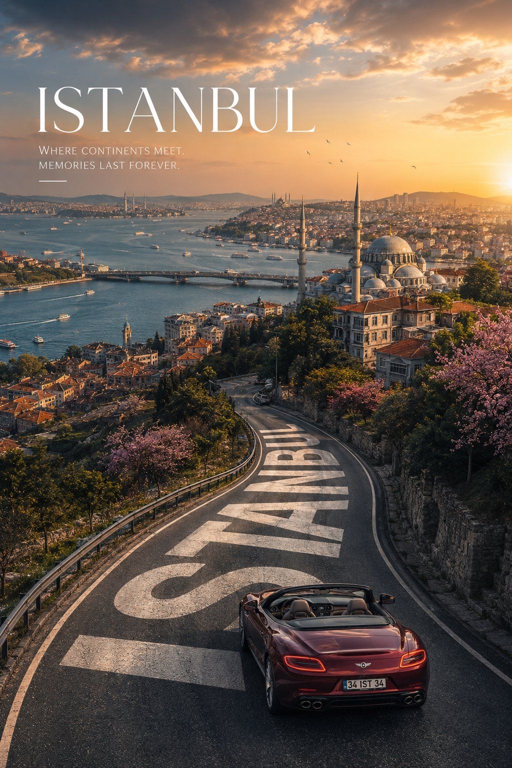 Istanbul tourism poster with Bosphorus skyline, mosque, convertible, and sweeping road typography