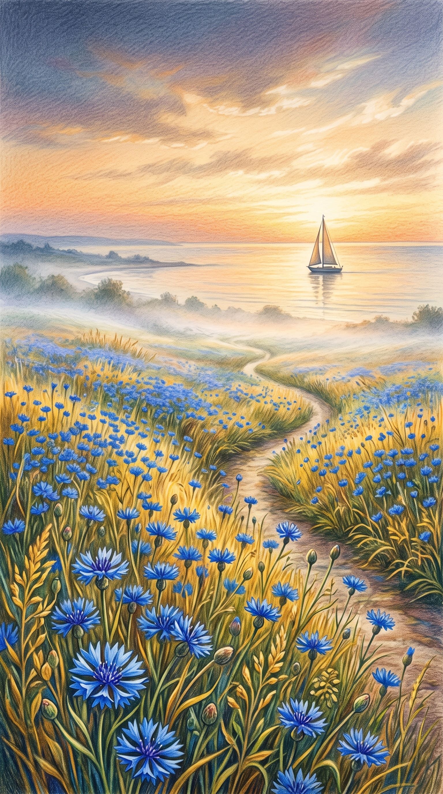 Colored-pencil cornflower meadow with a winding path toward a calm sea and distant sailboat