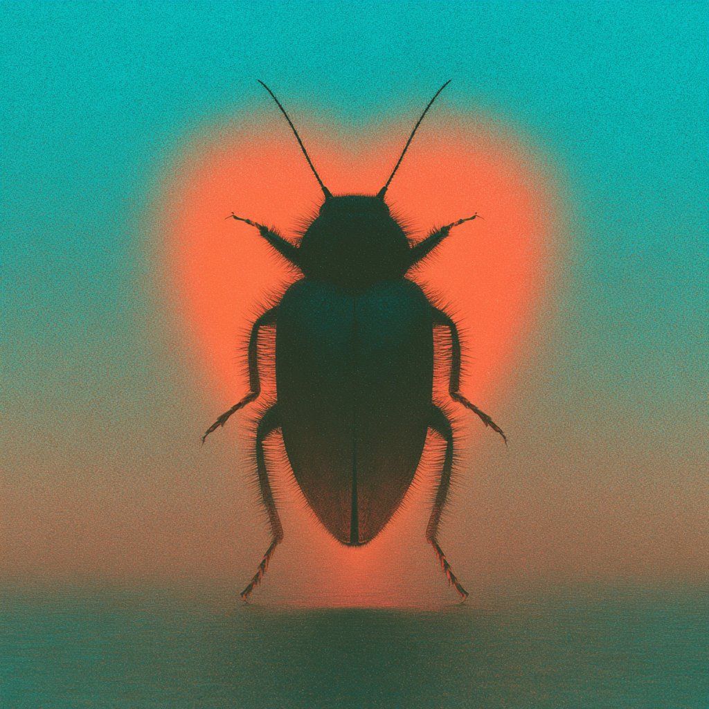 Dark beetle silhouette glowing against a teal and coral gradient