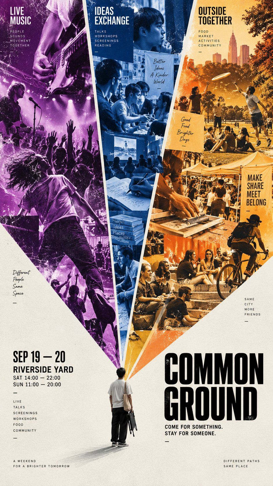COMMON GROUND event poster with purple, blue, and orange fan wedges converging on a lone figure