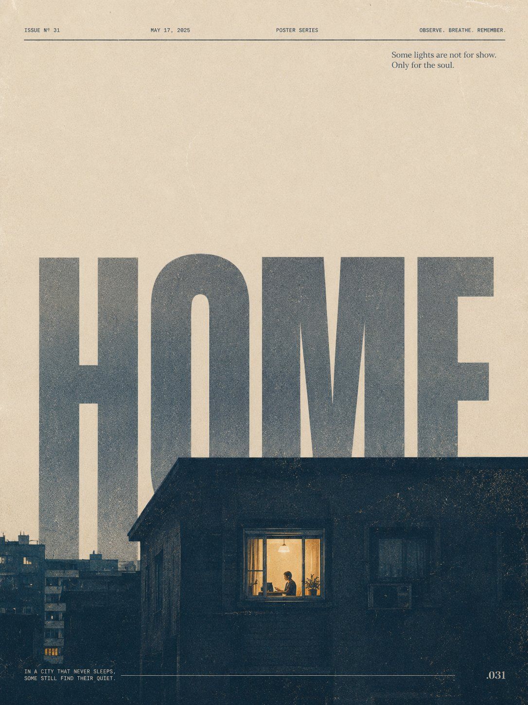 Conceptual retro HOME poster with monumental gray-blue typography above a quiet nighttime rooftop