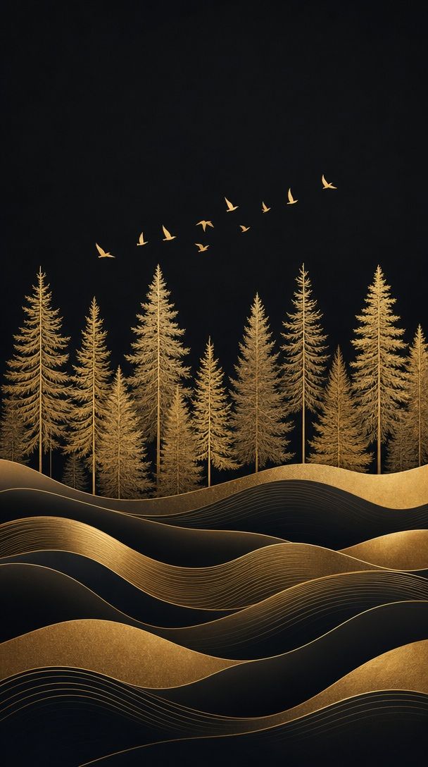 Minimal gold pine forest and flock of birds above layered black-and-gold waves