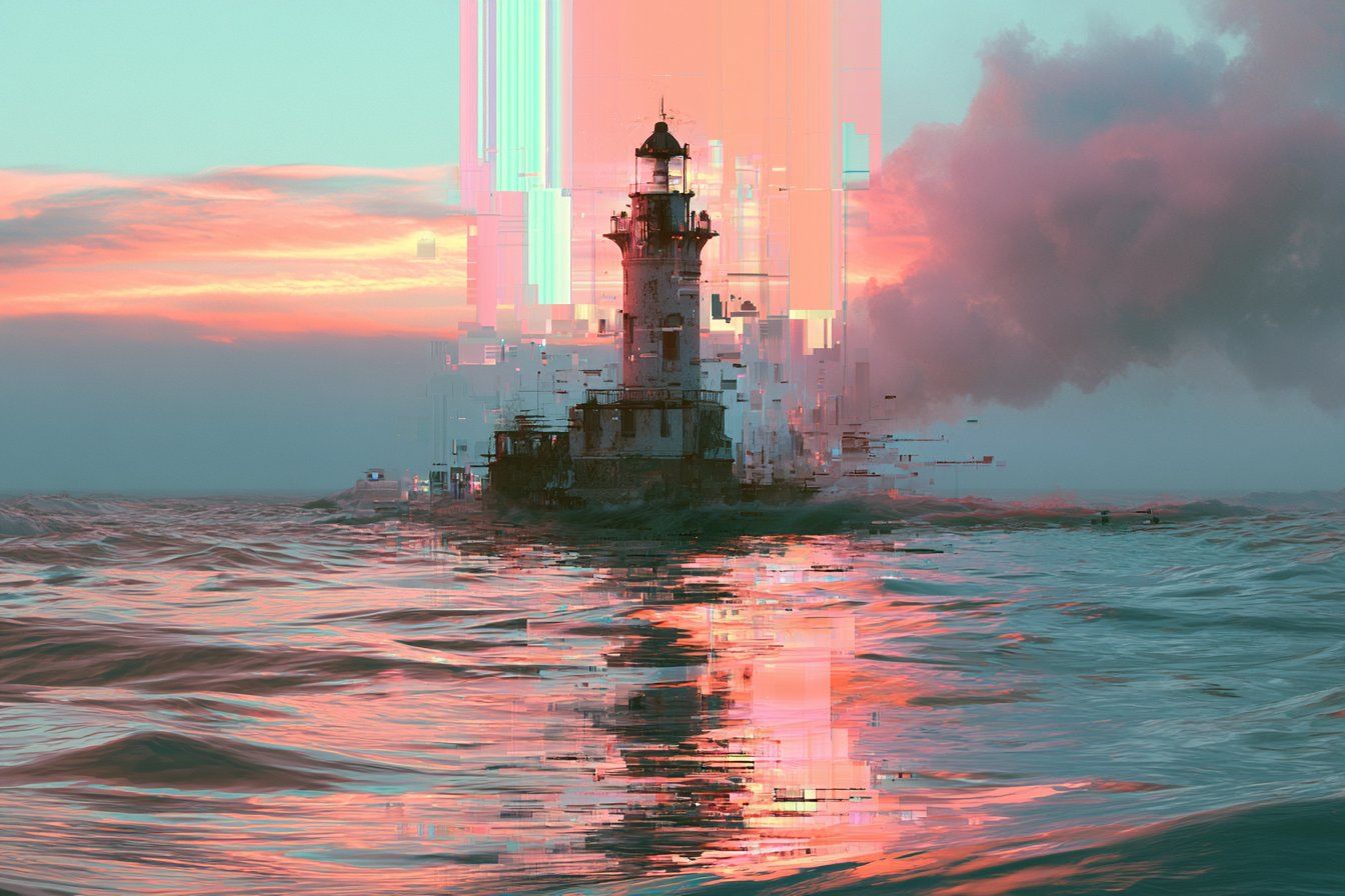 Derelict lighthouse rising from pastel turquoise and apricot glitch-tinted waves