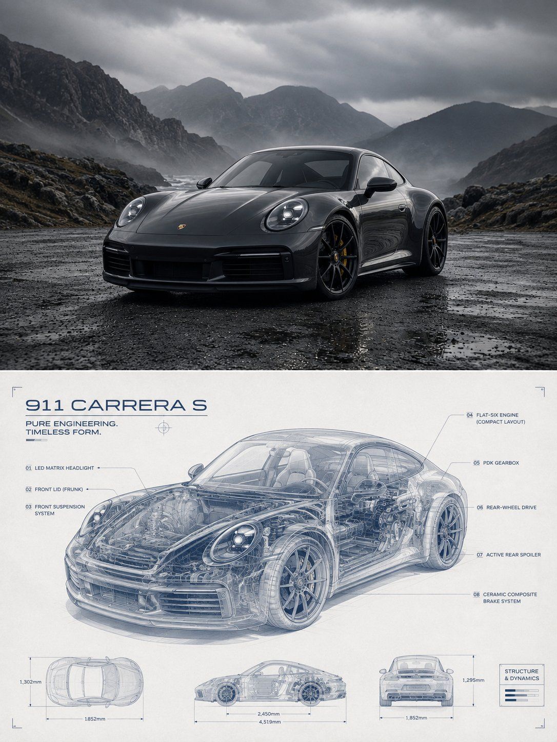Split editorial poster pairing a Porsche 911 in a mountain landscape with a blue transparent engineering diagram of the car