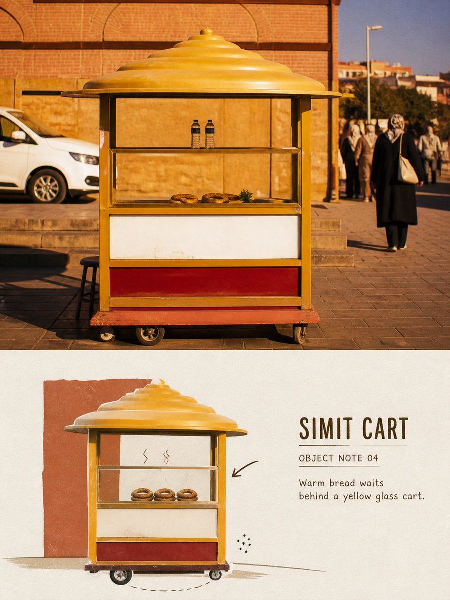 Split travel-object poster pairing a yellow simit cart photograph with a simplified paper collage and handwritten caption