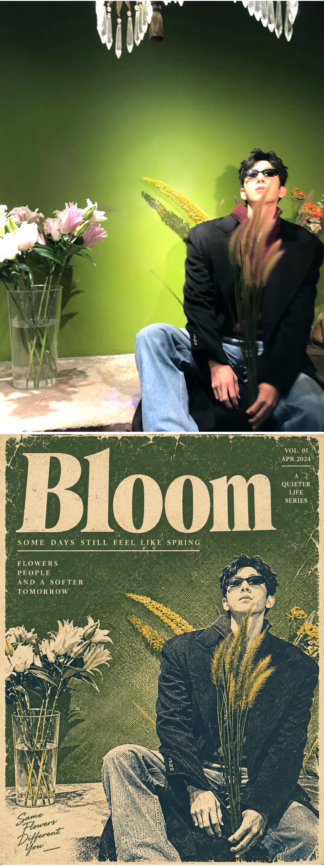 Seated man among flowers above a green and cream Bloom editorial cover