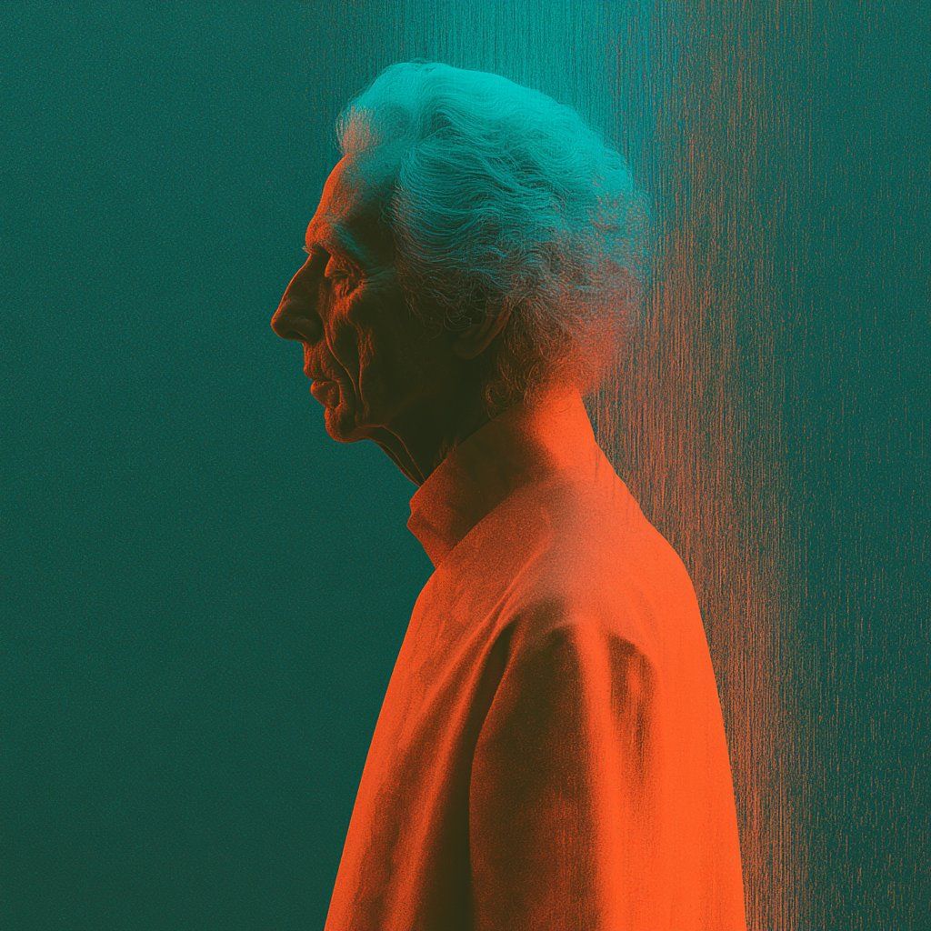 Teal and coral profile portrait of an older man fading into texture