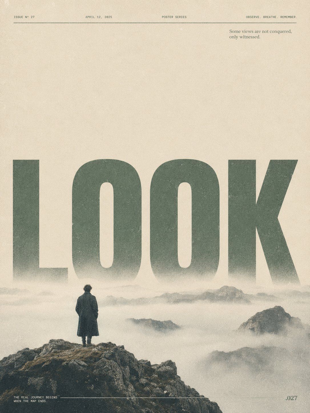 Conceptual retro LOOK poster with monumental green typography above a lone figure on a misty mountain