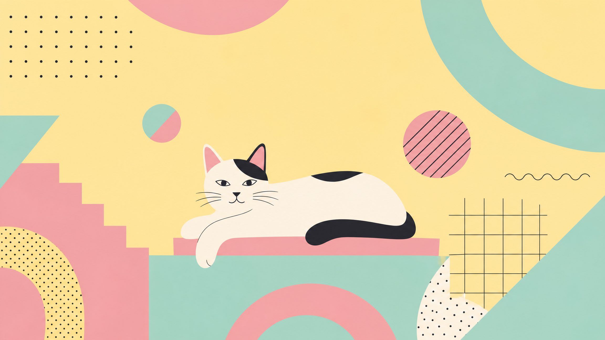 Memphis-style vector illustration of a black-and-white cat resting among yellow, mint, coral, and pink geometric forms