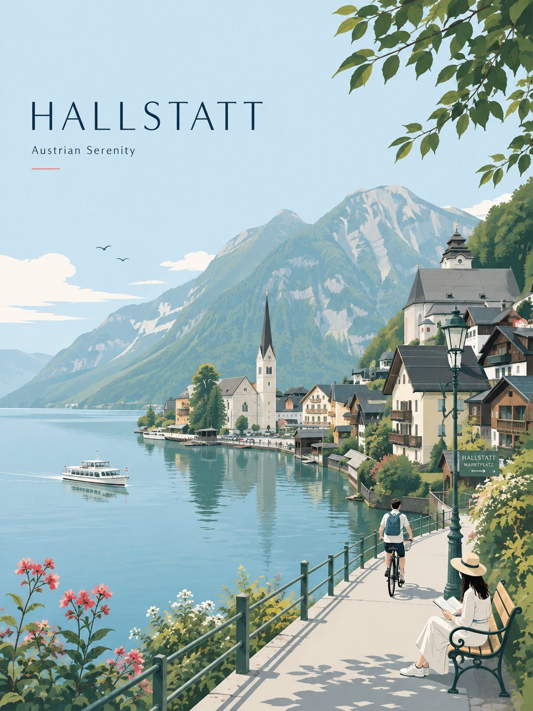 Minimalist Hallstatt travel poster with the lakeside village, church towers, ferry, cyclist and a woman reading on a bench