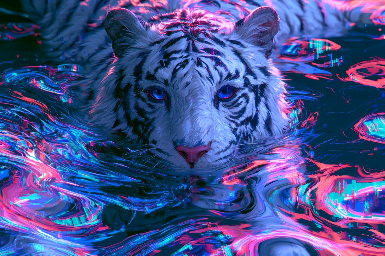Cybernetic white tiger surrounded by cobalt, hot-pink, and electric-teal water