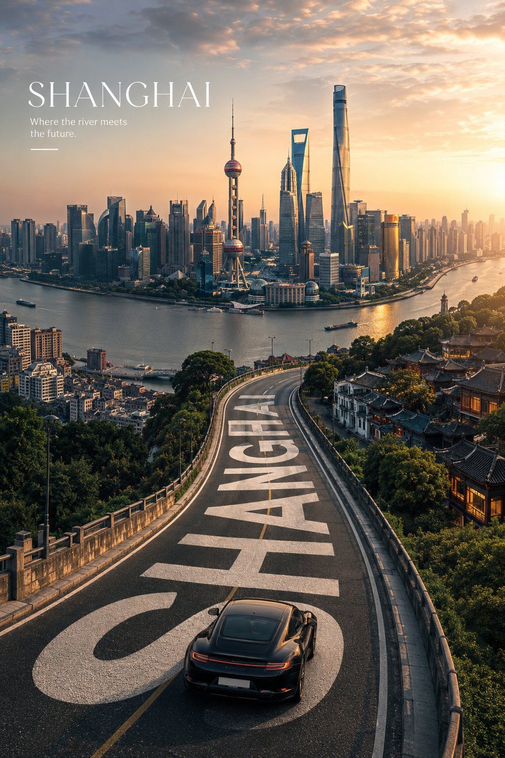 Shanghai tourism poster with Pudong skyline, river, sports car, and sweeping road typography