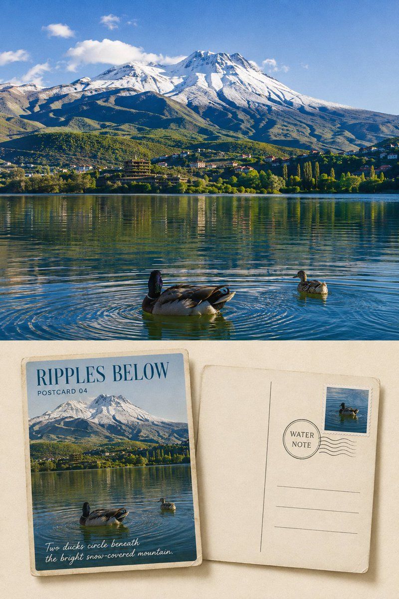 Two ducks making ripples beneath a snowy mountain above front-and-back postcards titled Ripples Below